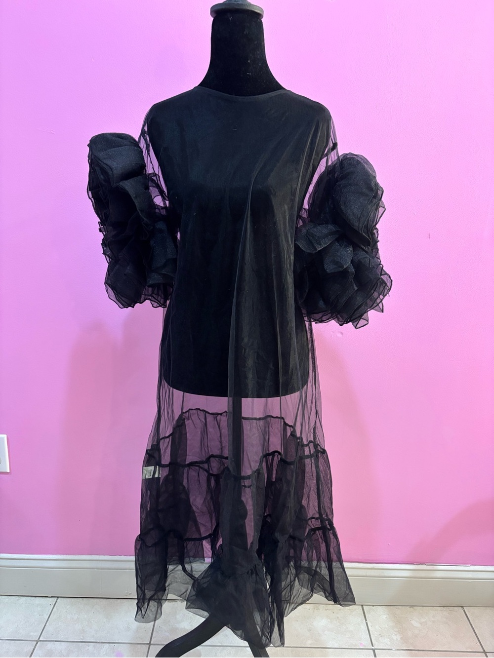 Black Sheer Long-Sleeve Ruffle Sleeve Dress
